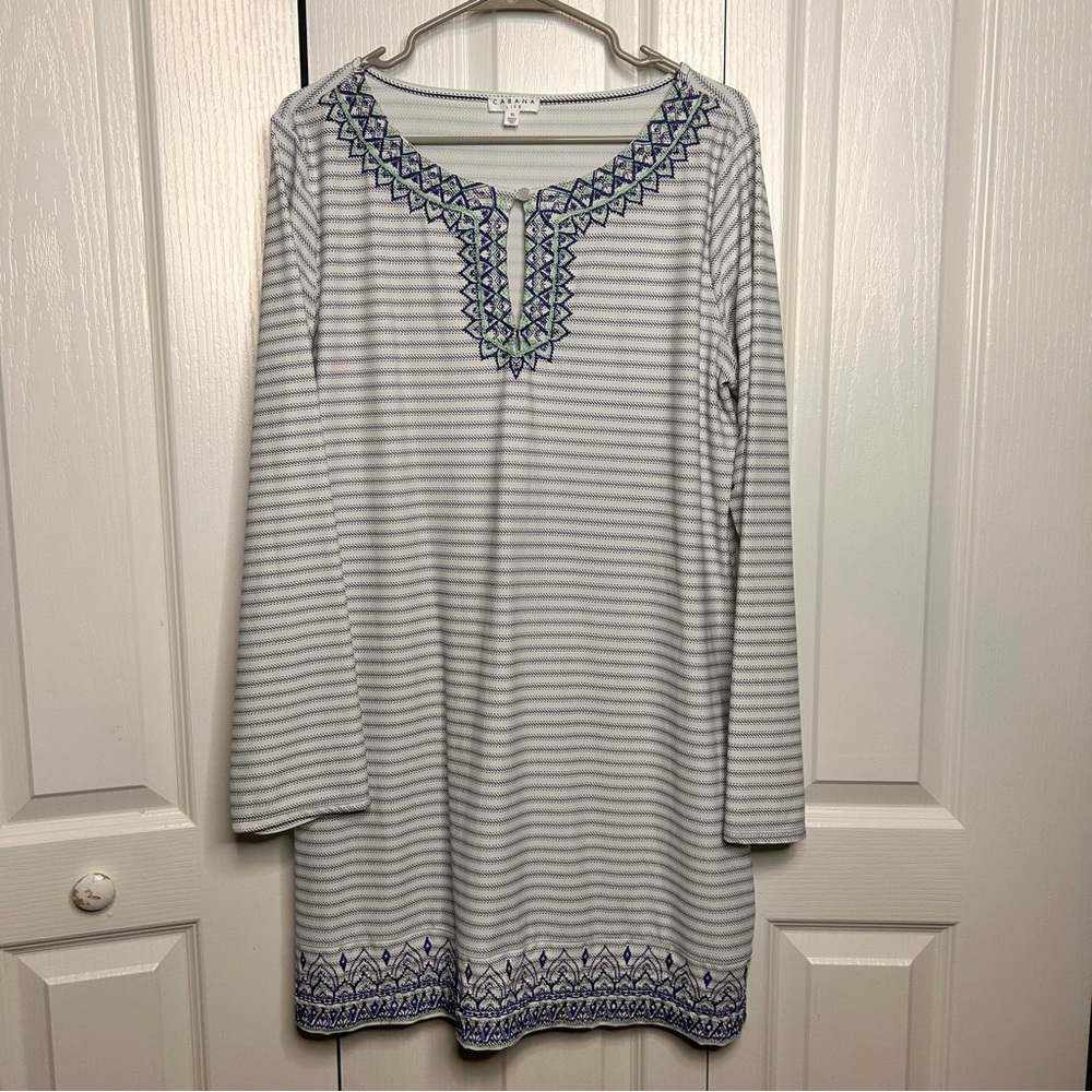 Cabana Life Blue Stripe UPF 50+ Embroidered Long Sleeve Shift Dress XL Stretch